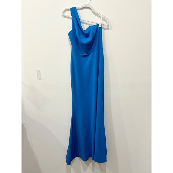 Xscape One Shoulder Front Slit Sleeveless Fit & Flare Maxi Dress Blue Women's 4 - Picture 3 of 6
